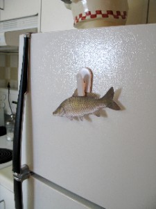A carp cut-out on the fridge keeps me focused